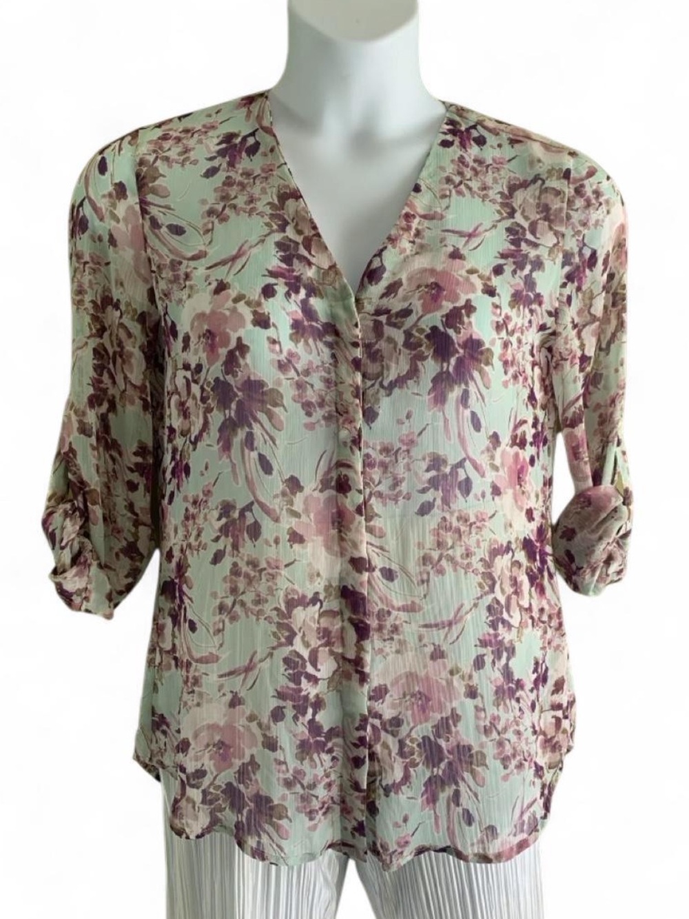 Kut from the Kloth Mint Floral V-Neck Roll-Sleeve Blouse